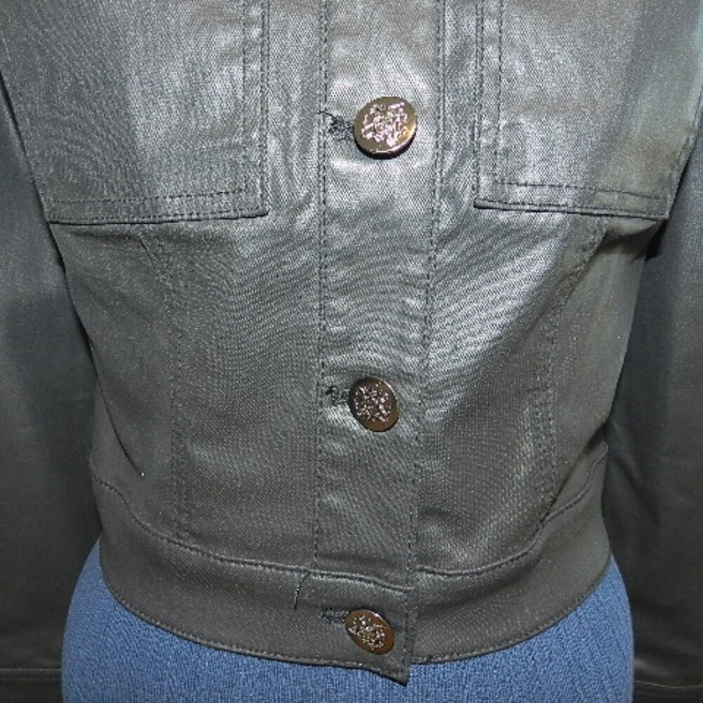 White House Black Market Black Coated Denim Cropped Pocket Jacket Size 4P - Picture 5 of 16